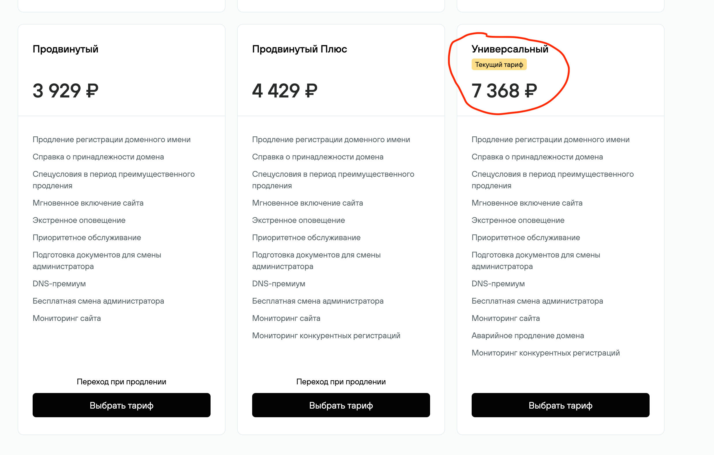 Изображение цены в личном кабинете nic.ru