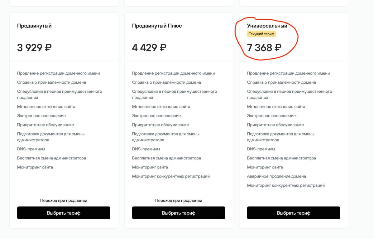 Изображение цены в личном кабинете nic.ru